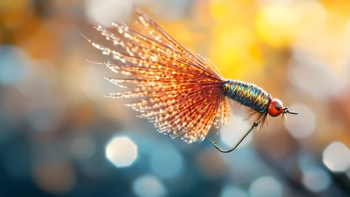 Close view shows detailed orange fly fishing lure in focus