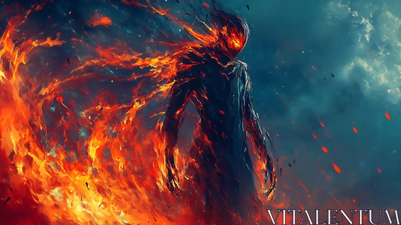 Fiery elemental strides calmly through swirling stormfire sky
