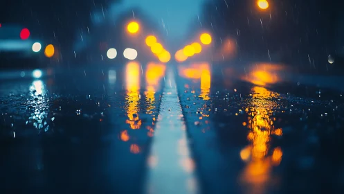 Wet roadway surface reflects defocused streetlights at night
