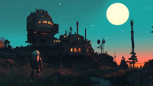Lunar-lit astronaut observing remote futuristic outpost.