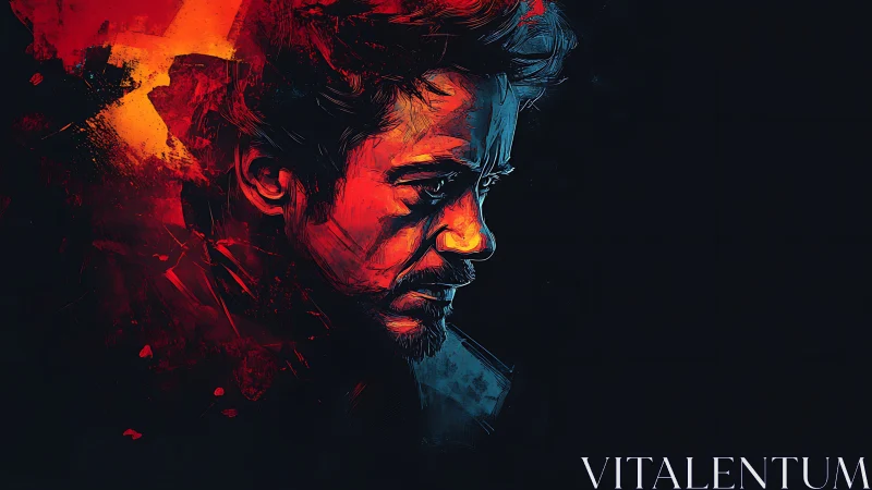 Brooding male portrait glows in red and blue neon shadows