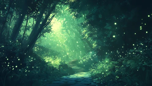 Luminous Forest Stream with Magical Particles.