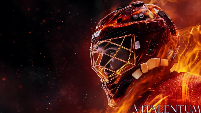Hockey goalie portrait burns through darkness in molten fire