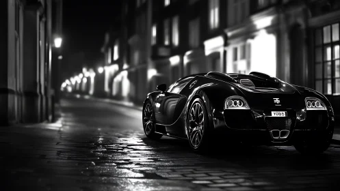 Midnight supercar on wet cobblestone street in city.