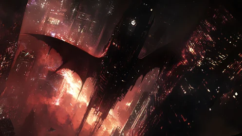 Infernal sky-city cleaved by a colossal demonic shadow.