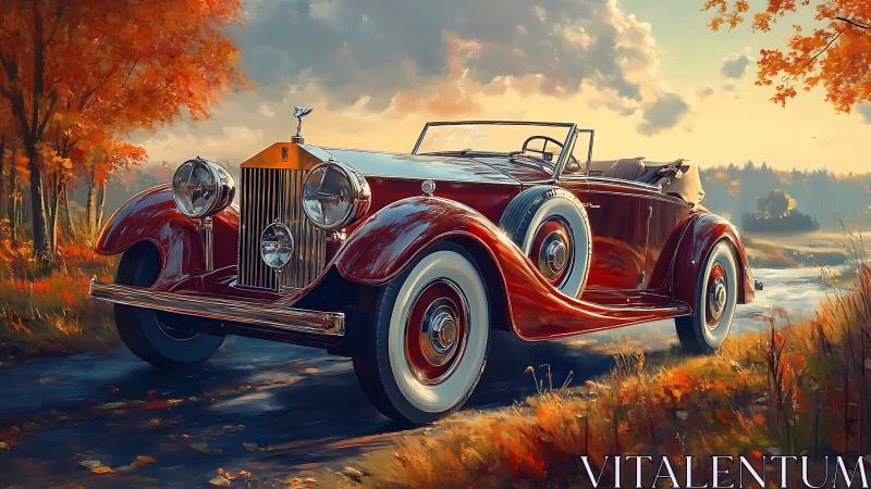 Classic red roadster rendered in nostalgic autumnal digital light