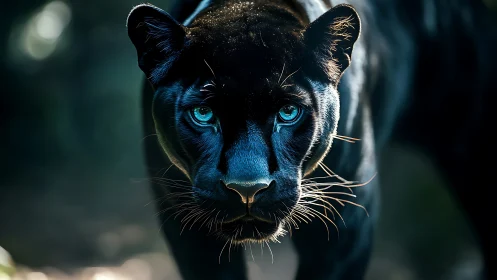 Black Panther with Turquoise Eyes Emerges from Shadows.