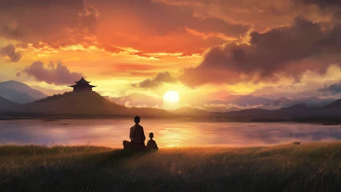 Monks observe tranquil lakeside sunset over distant temple
