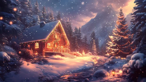 Snowy log cabin with glowing Christmas lights at dusk.