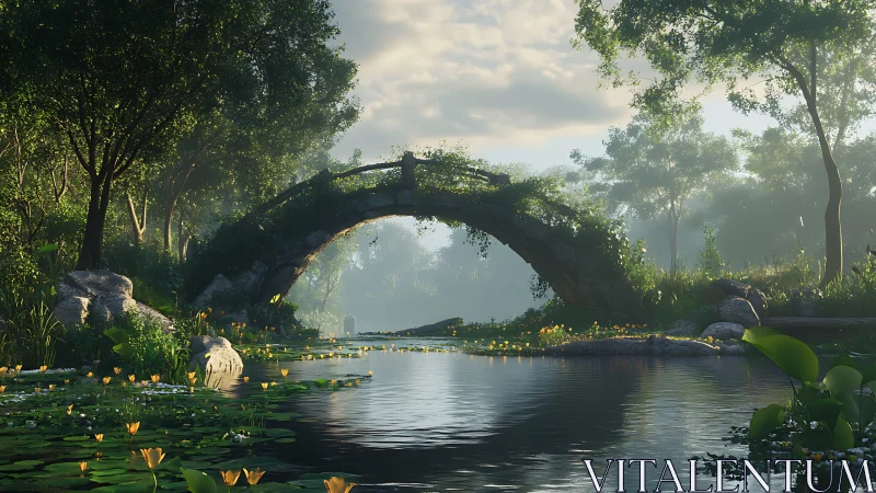Stone arch bridge over misty forest pond at sunrise.