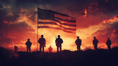 Silhouetted soldiers guard a blazing sky of scarlet resolve.