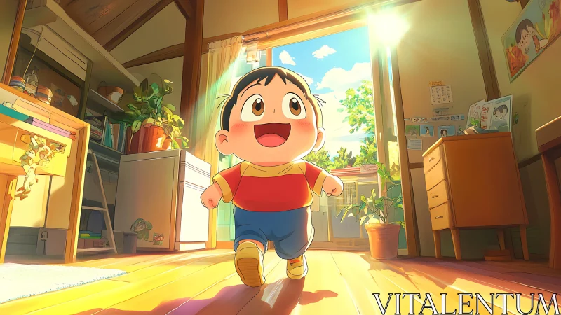 Sunlit toddler rushes joyfully through cozy anime home.