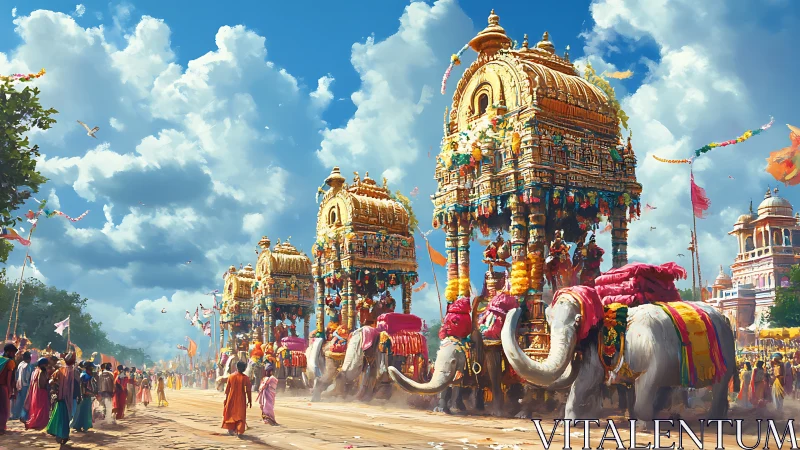 Vibrant Indian temple chariot procession with decorated elephants.