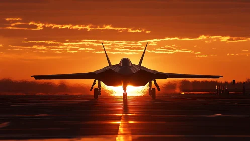 Stealth fighter jet waits on the runway against blazing sunset sky