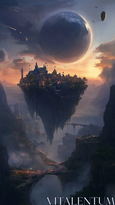 Suspended cliff city beneath large celestial sphere at dusk.