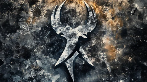 Abstract metallic emblem on textured cosmic background.