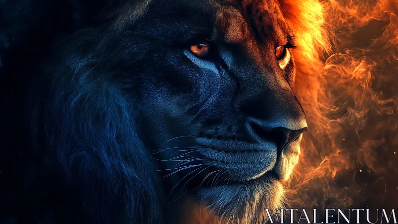 Lion profile with dual blue and orange contrasting lighting.