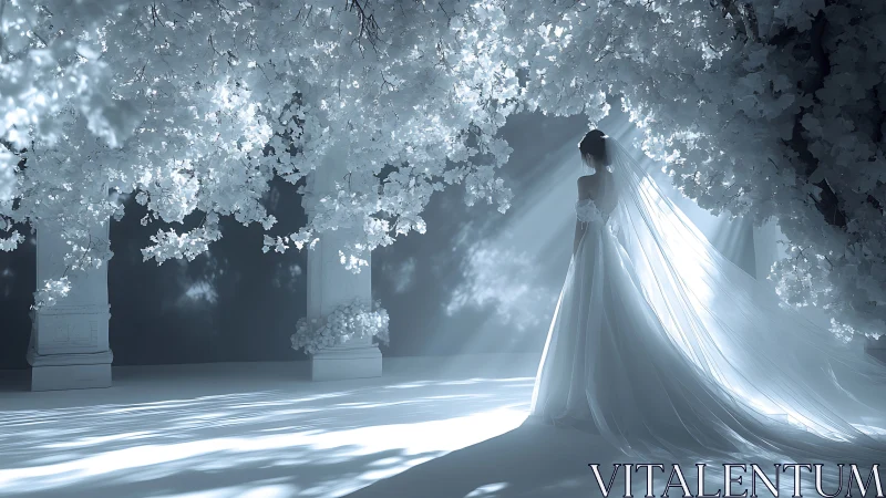 Bride stands in ethereal white blossom archway of light