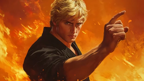 Blond martial artist points forward in fiery scene.