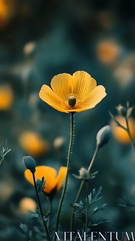 Golden wildflower rises softly from a cool teal meadow haze