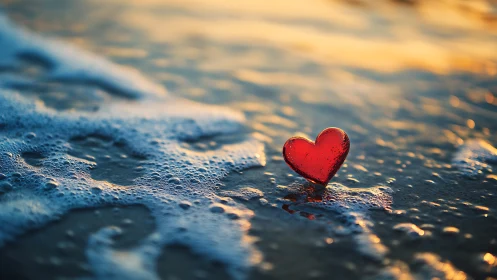 Red Heart on Wet Sand at Sunset.