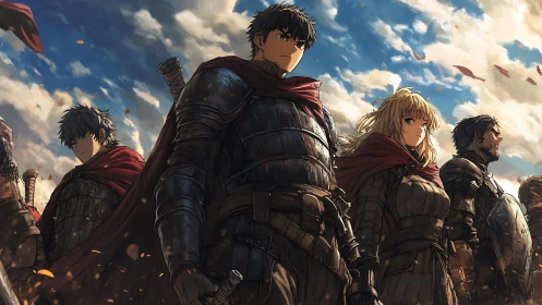 Anime heroic battalion in steel plate armor, low-angle panorama.