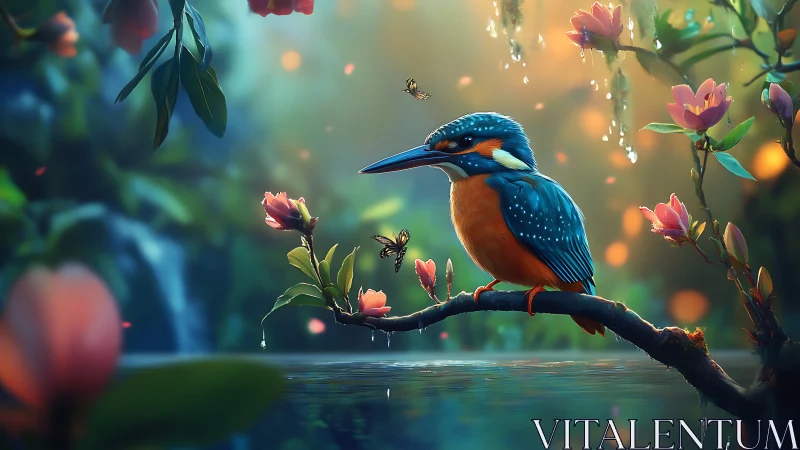 Vivid kingfisher on branch in dreamy floral forest setting, digital art.