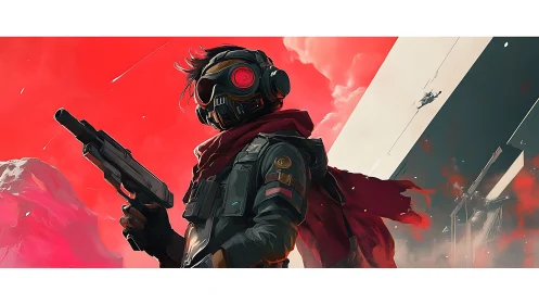 Sci-fi soldier with visor and pistol on red battlefield.