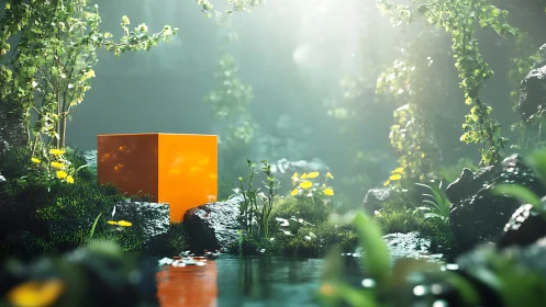 Luminous orange cube rests in a misty enchanted forest glade.