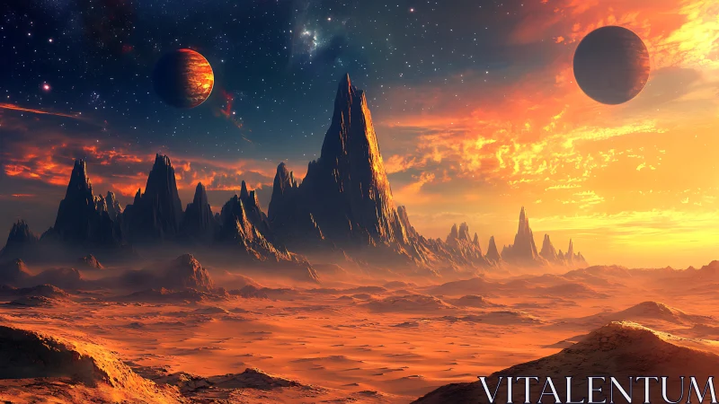 Twin planets above molten-orange alien spire range.
