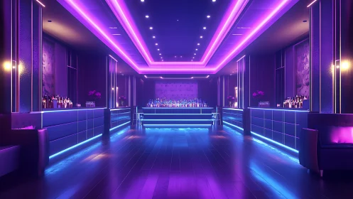 Neon lounge bar glowing with cozy purple and blue light.