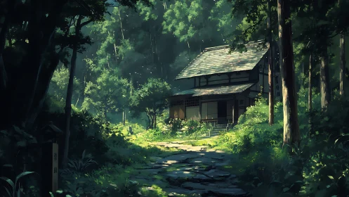 Japanese Shrine Nestled in Dense Forest Canopy.