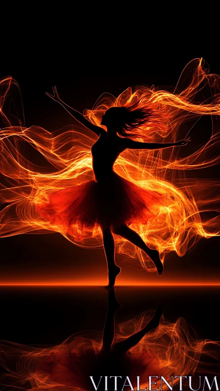 Silhouetted dancer silhouette rendered with orange incandescent energy effects and volumetric light