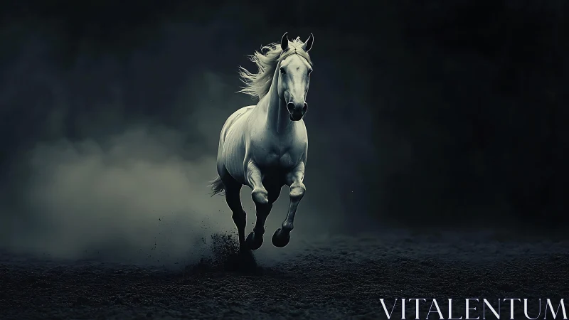 White horse charges forward through dark atmospheric dust