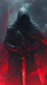 Hooded dark knight holding glowing crimson greatsword.
