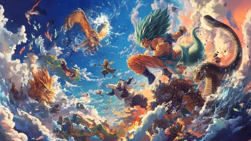 Sky warriors leap into a roaring, colorful elemental battle