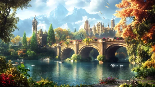 Sunlit stone bridge leads to ornate mountain citadel in autumn