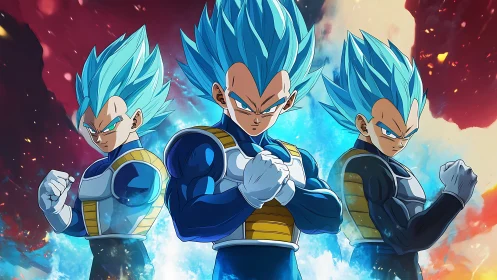 Blue-haired anime warriors stand united in blazing energy