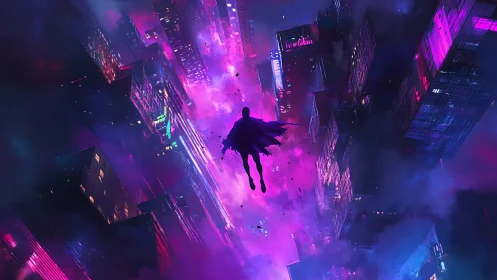 Lone caped figure descends through neon cyberpunk skyline