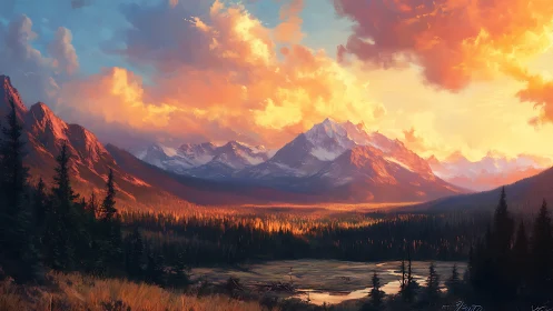 Alpine valley at sunset rendered in high-chroma digital painting