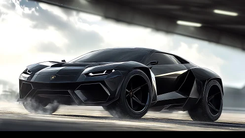 Low-angle render of matte black angular hypercar in motion