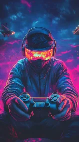 Neon-lit gamer bends galaxies through a blazing visor