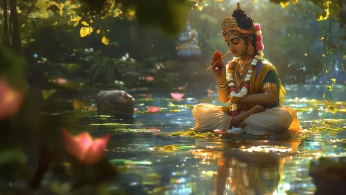 Divine child flutist meditating on lotus pond in golden light
