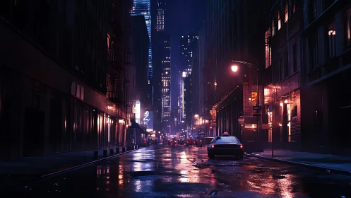 Rainy neon city street at night with lone taxi cab.
