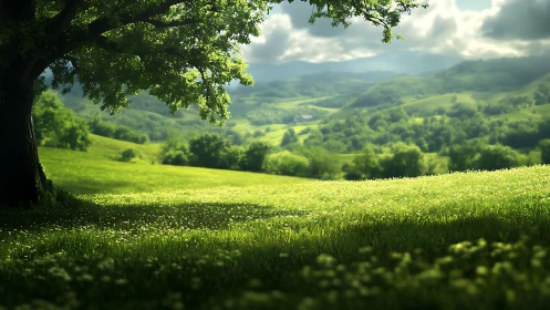 Sunlit tree overlooks rolling grassy hills and distant valley