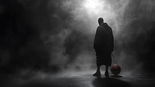 Solitary basketball player stands in smoky monochrome arena