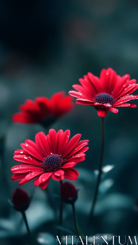 Red Gerbera Daisies with Water Droplets Against Teal Background.