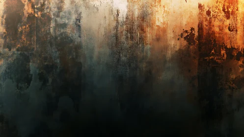 Rust-bathed wall dissolves into smoky twilight shadows.