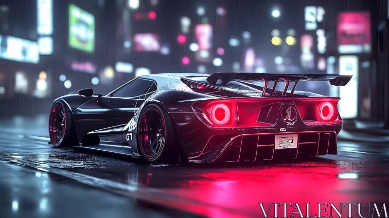 Neon rainstorm supercar stalks the slick midnight city streets.