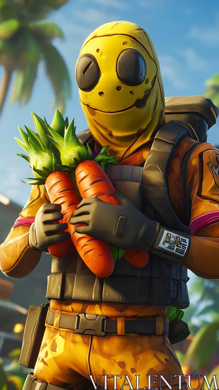 Masked game character in tactical gear holding bright carrots.